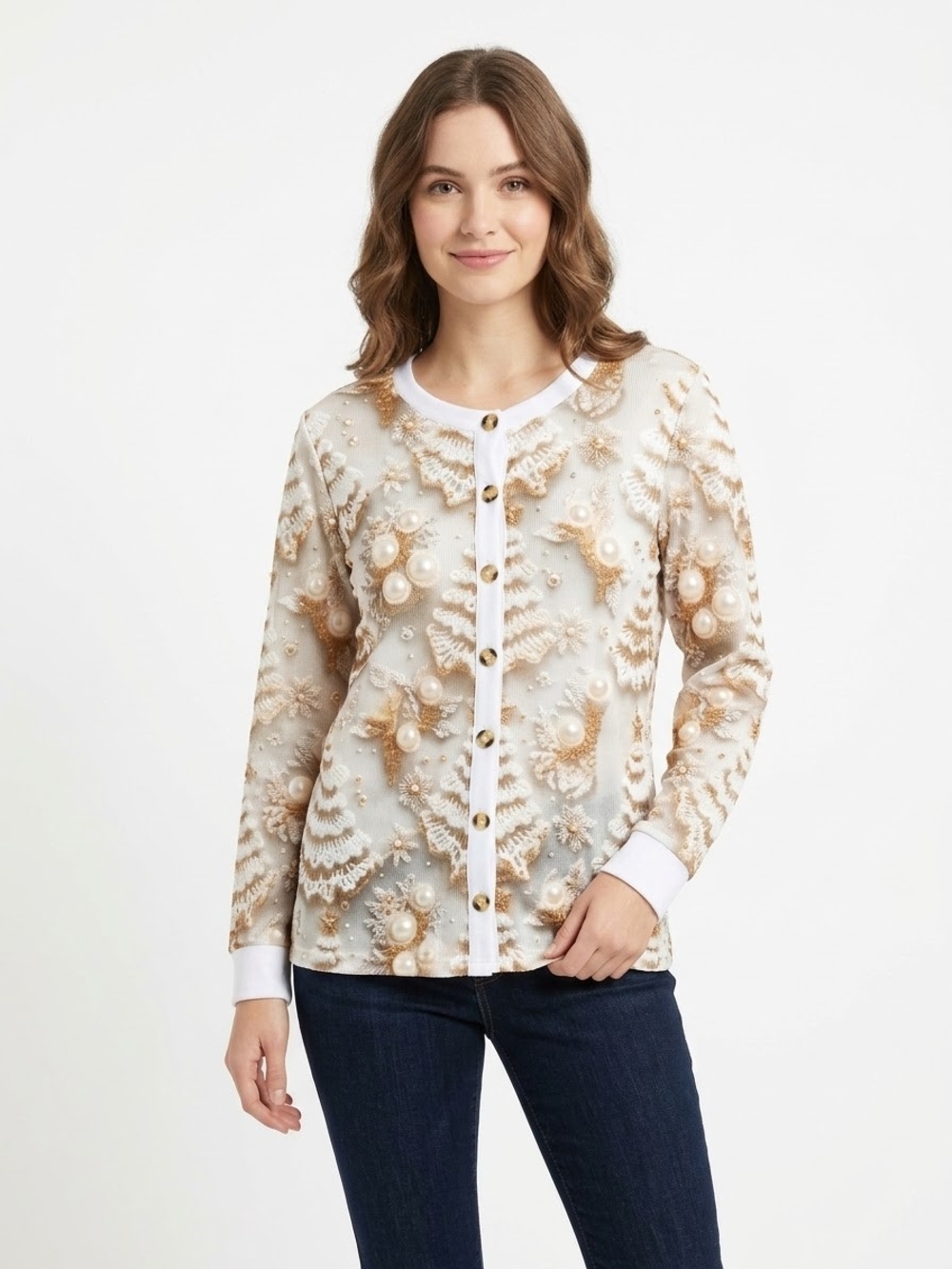 Amazon Pearl-Embellished Cream Button-Front Size XL EUC P2P 22in.